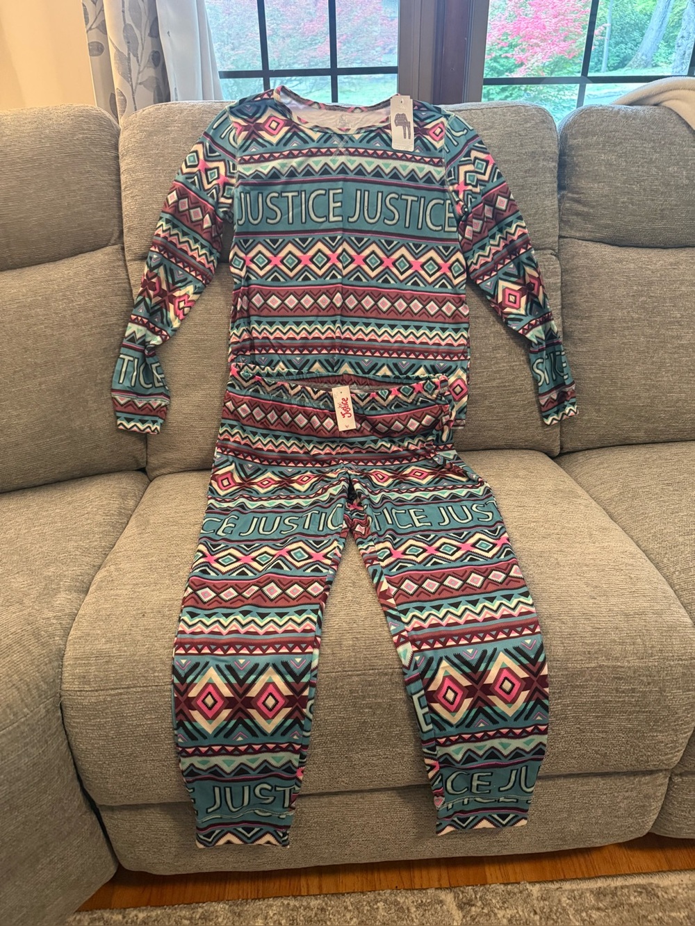 Justice Girls' Geo Print Long Sleeve Pajama Set - Teal & Pink